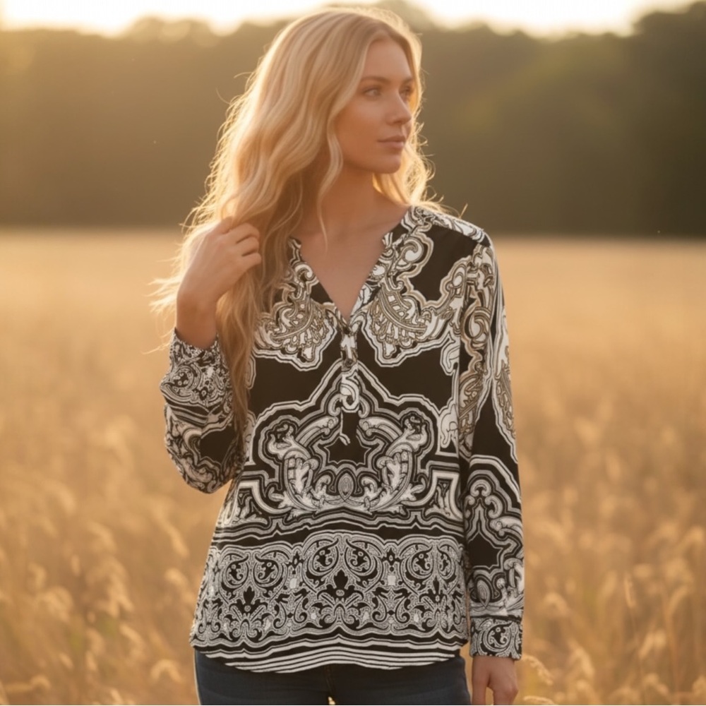 INC International Concepts Black & White Printed V-Neck Blouse